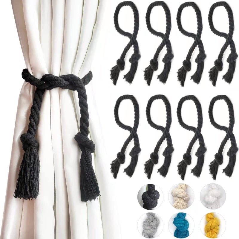 Yteseery 8 Pack Curtain Ties Rope, Outdoor Curtain Tiebacks for Patio Gazebo Pergola Cabana, Natural Cotton Curtain Holders, Village Rural Rustic Farmhouse Curtain Holdbacks for Drapery, Black - Image 1
